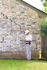39379449 - inspector inspecting home?s foundation is experiencing settlement (collapse). eventually the brick veneer begins to separate from door and window frames. finally framing and roof problems occur, as well as plumbing problems. foundation problems don?t get