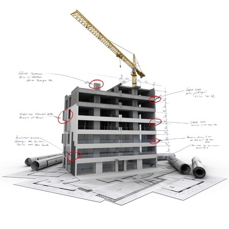 20857451 - building under construction with technical notes on top of blueprints